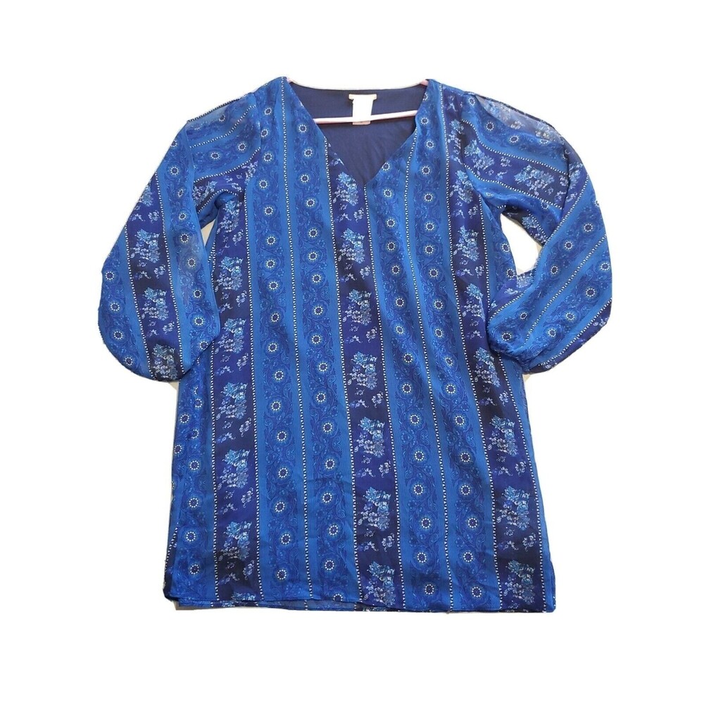 Juniors Mini Dress X Large Cold Sleeve Floral Sheer Overlay Blue Lined Intu